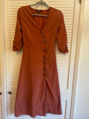 Lulu's Lulus Pull Me Close Terracotta Button-Front Long Faux Suede Dress